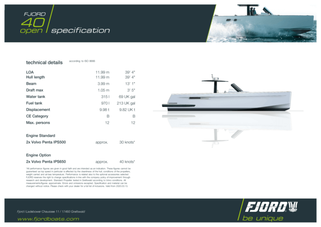 Fjord 40 open | Standard Specification | Fjord
